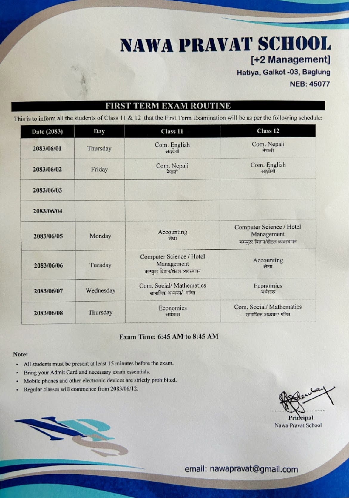 First Terminal Examination Routine- Grade 11 and 12